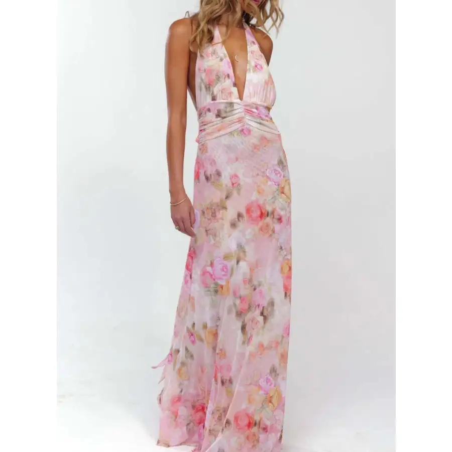 Floral Halter Neck Deep V Maxi Dress