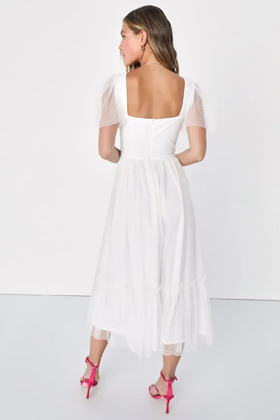 Dreamy Celebration White Tulle Bustier Swiss Dot Midi Dress
