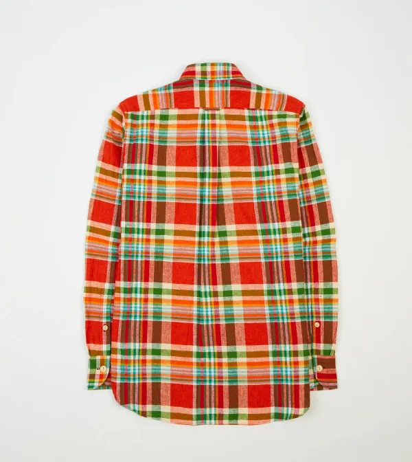 Red and Green Madras Check Cotton-Linen Two-Pocket Work Shirt Casual Style
