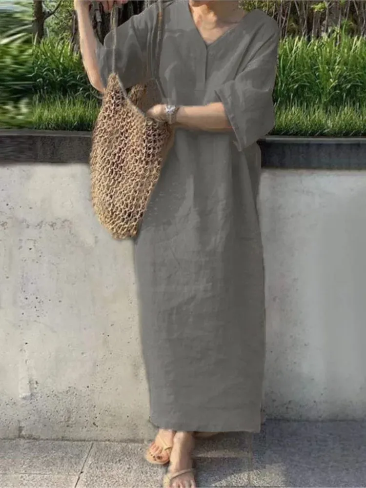 V-Neck Short Sleeve Linen Blend Maxi Dress