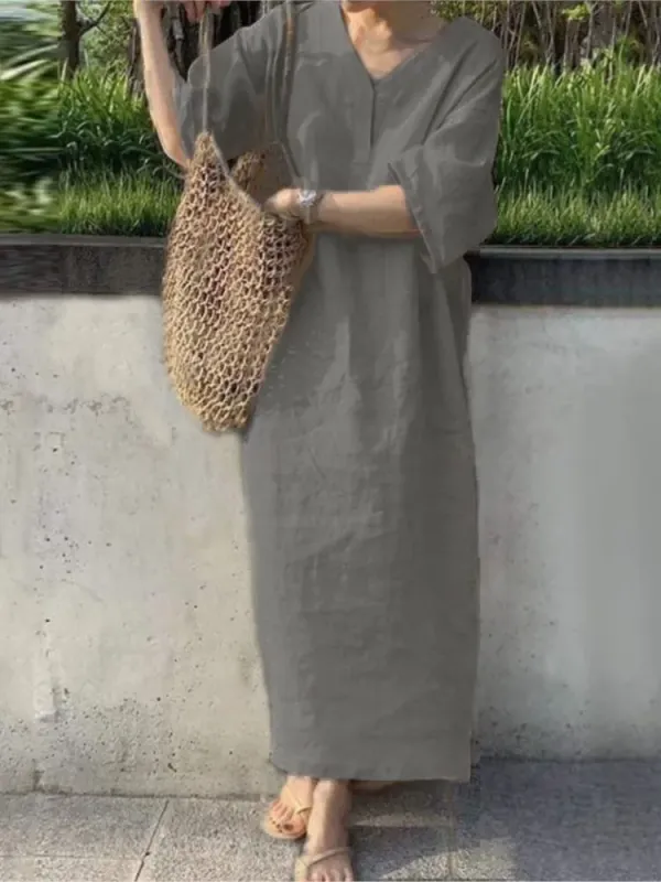 V-Neck Short Sleeve Linen Blend Maxi Dress