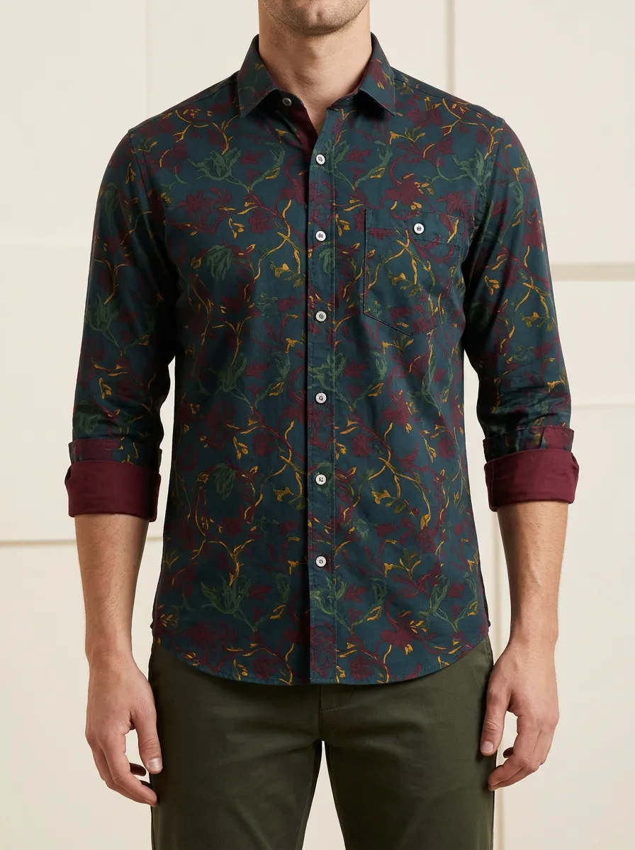 Men's Floral Button Down Long Sleeve Shirt