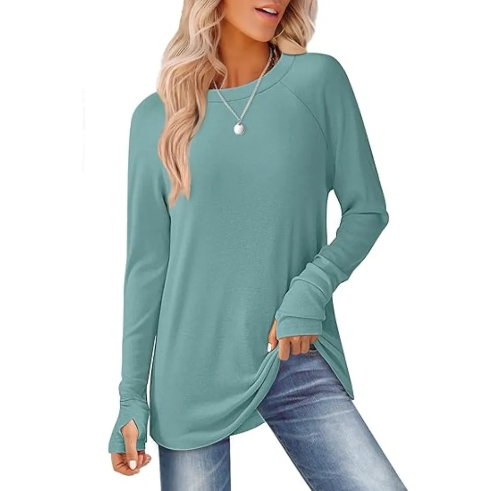 Womens Tunic Tops to Wear with Leggings Long Sleeve Thumb Hole Shirts Crew Neck Curved Hem