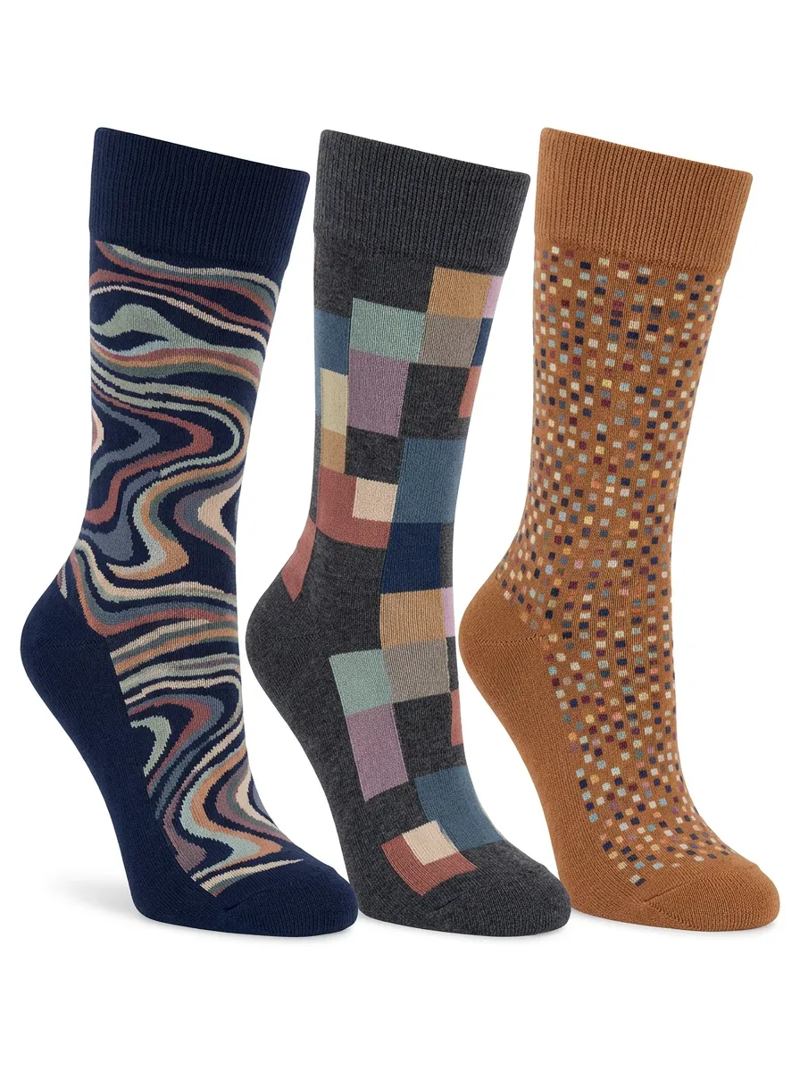 Men's Abstract Geometric Pattern Print Set Pairs Unique 3-Pack Socks