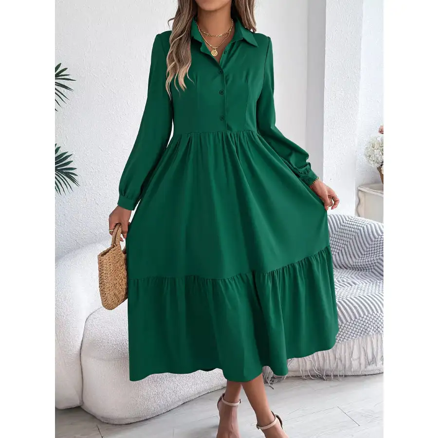 Long Sleeve Tiered Button Front Midi Dress