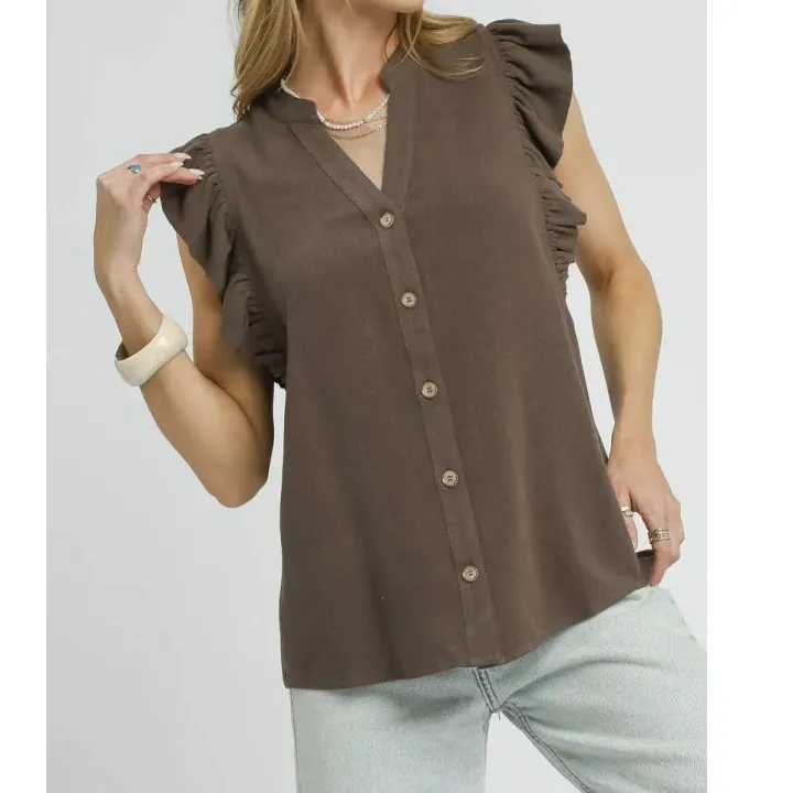 Linen Ruffle Sleeve Button Down Shirt