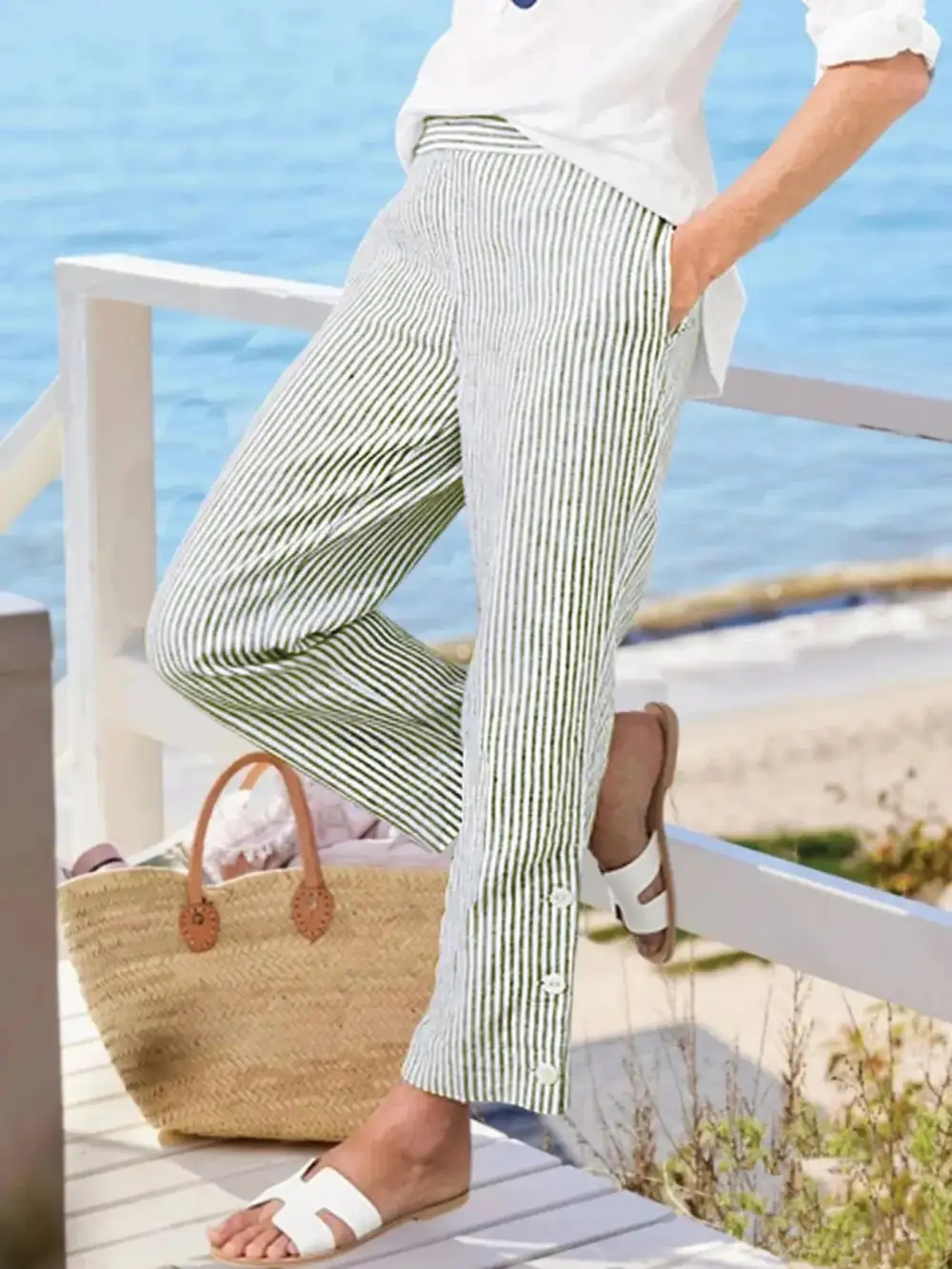 Striped Side Button Detail Plus Pants