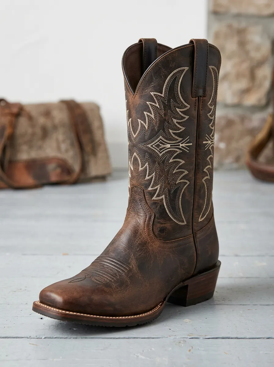 Men's Rustic Embroidered Distressed Leather-Look Trail Look Western Cowboy Boots