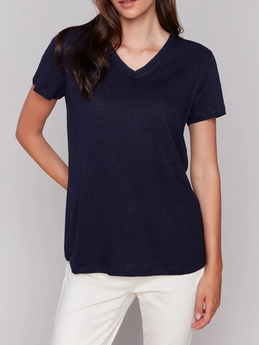 V-Neck Loose Solid Color Skin-Friendly Linen Short Sleeves