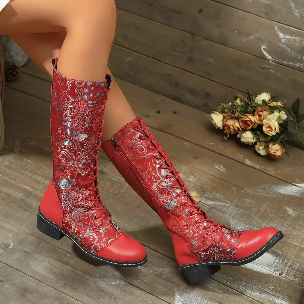 Embroidered Lace Up Block Heel Boots