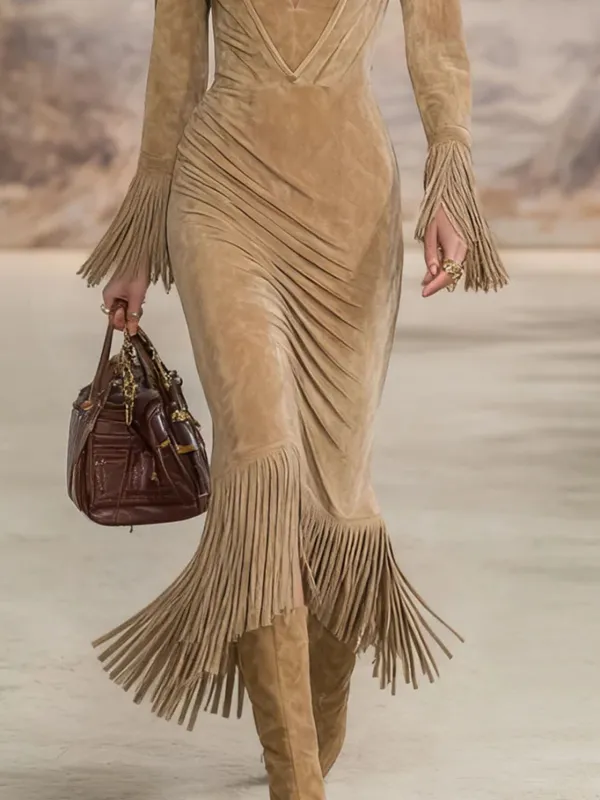 V Neck Tassel Suede Tailored Midi Dress