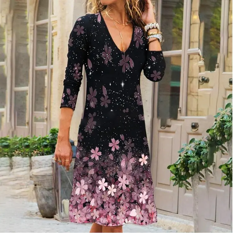 Flower Printing Long Sleeve Dress