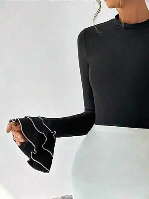 Flared Sleeve Long Sleeve Panel Detail Tiered Round Neck T-Shirt
