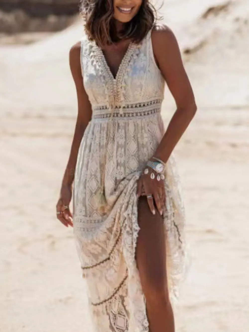 Lace V Neck Sleeveless Maxi Dress