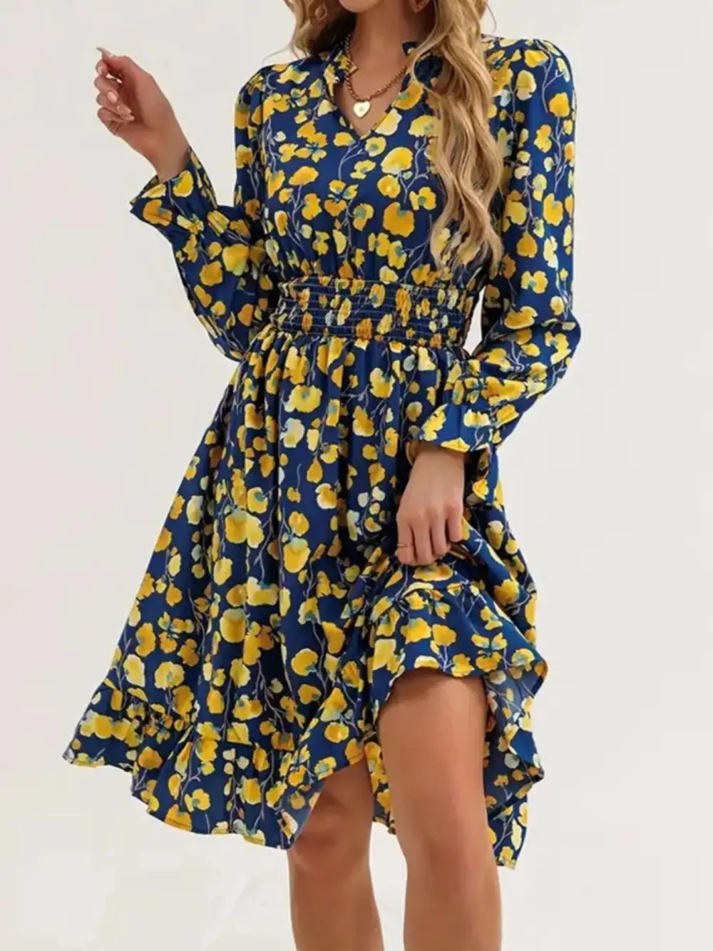 Layered Detail Floral Printed Ruffle Dress