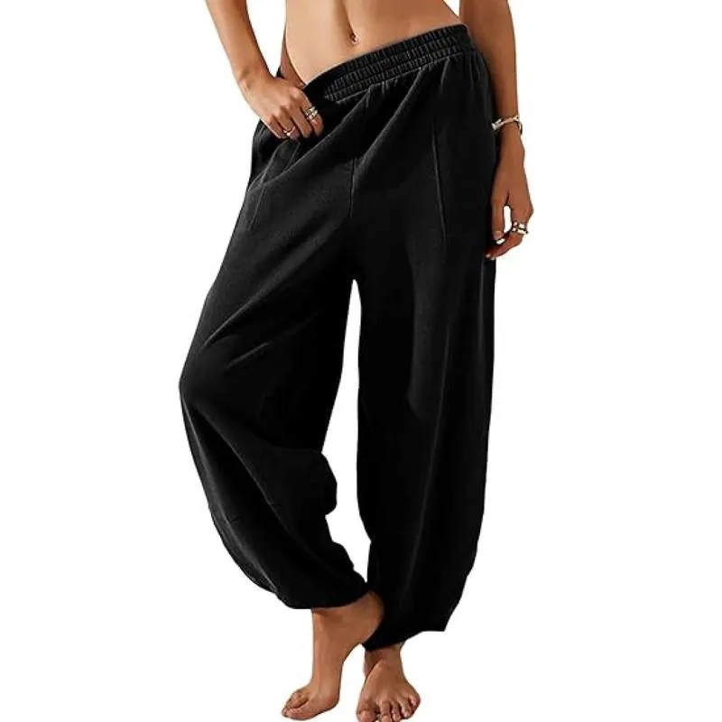 Women’s Harem Barrel Wide Leg Pants Elastic Waist Baggy Loose Fit Casual Jogger Sweatpants With Pockets Beach Street Coffee Teacher Outfits