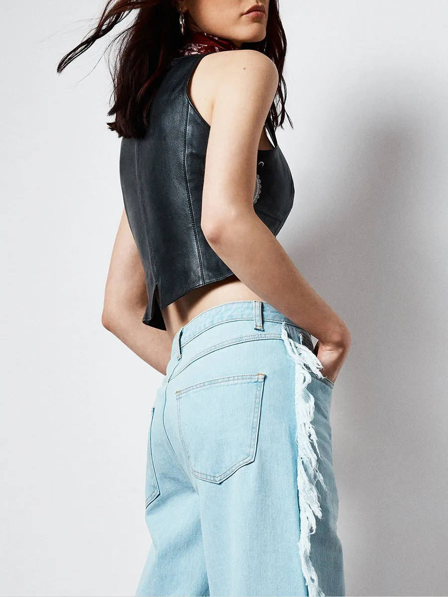 Women's Vintage-Style Fringe-Trim Wide-Leg Denim Pants