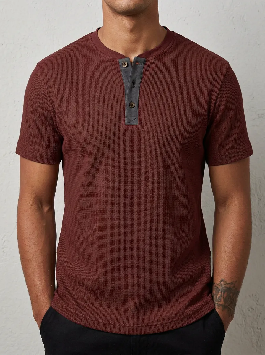 Classic Waffle-Knit Button-Placket Men's Short-Sleeve Henley Shirt