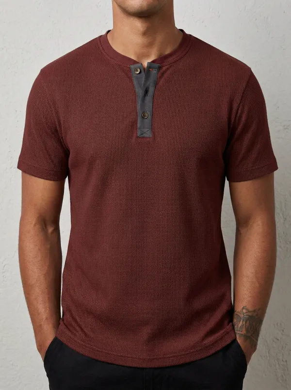Classic Waffle-Knit Button-Placket Men's Short-Sleeve Henley Shirt