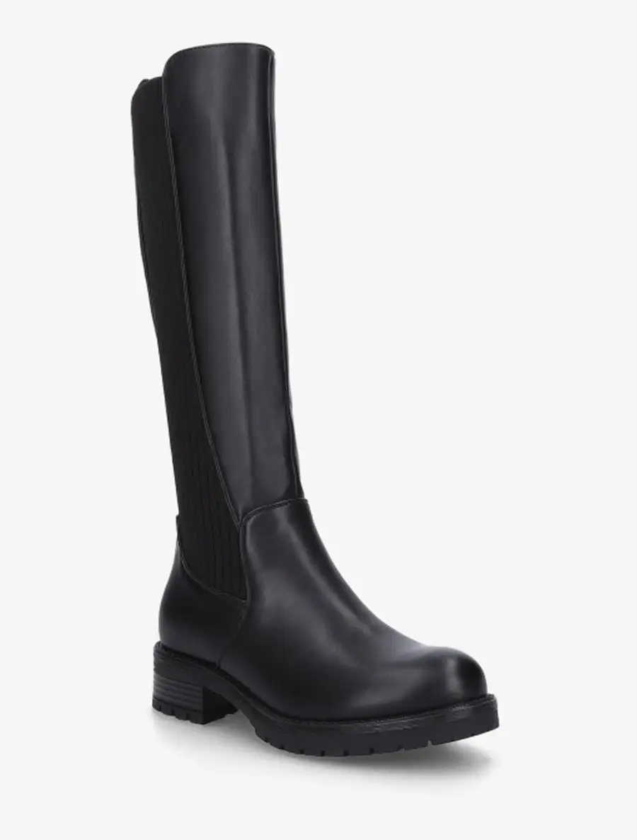 Rugged Stretch Panel Block Heel Faux Leather Knee High Boots