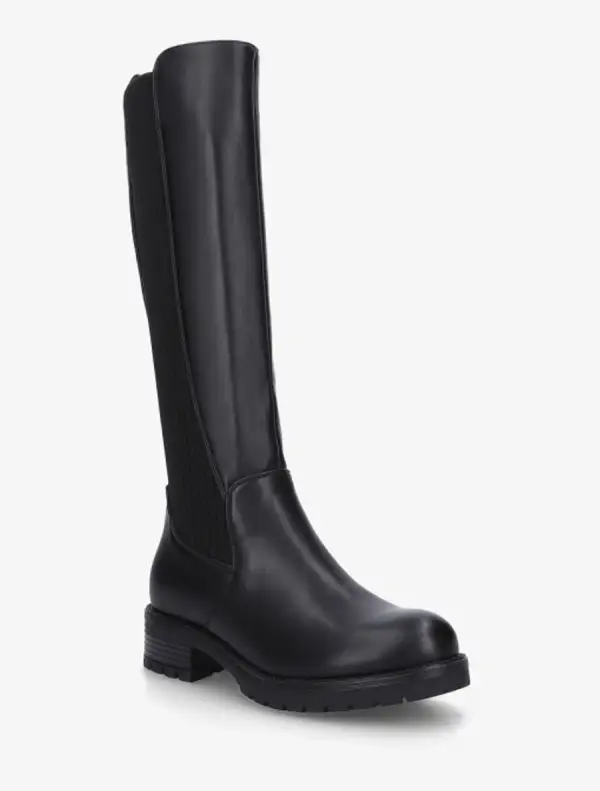 Rugged Stretch Panel Block Heel Faux Leather Knee High Boots