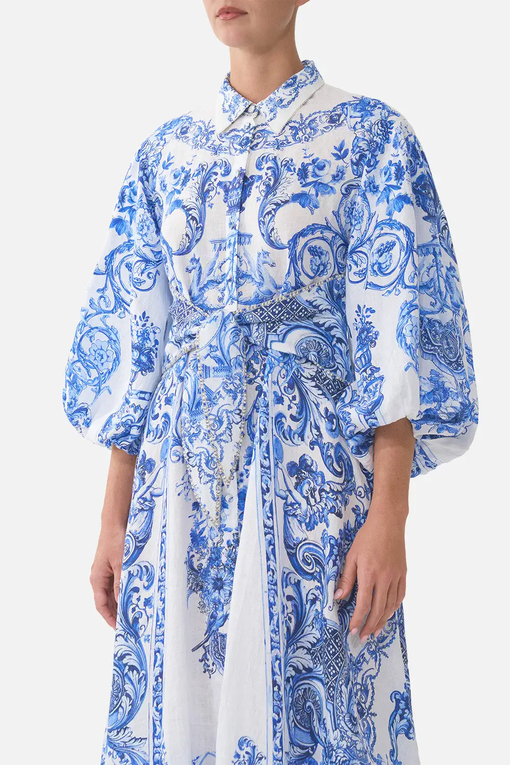 Waist Tie Shirt Dress with Bubble Sleeve