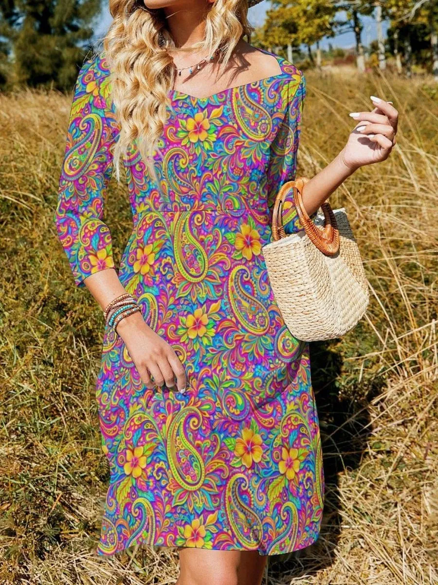 Casual Retro Print Midi Dress