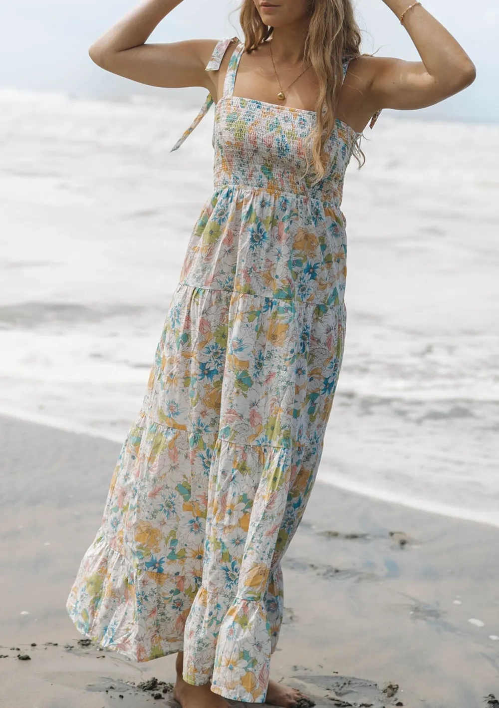 Smocked Tied Shoulder Maxi Dress