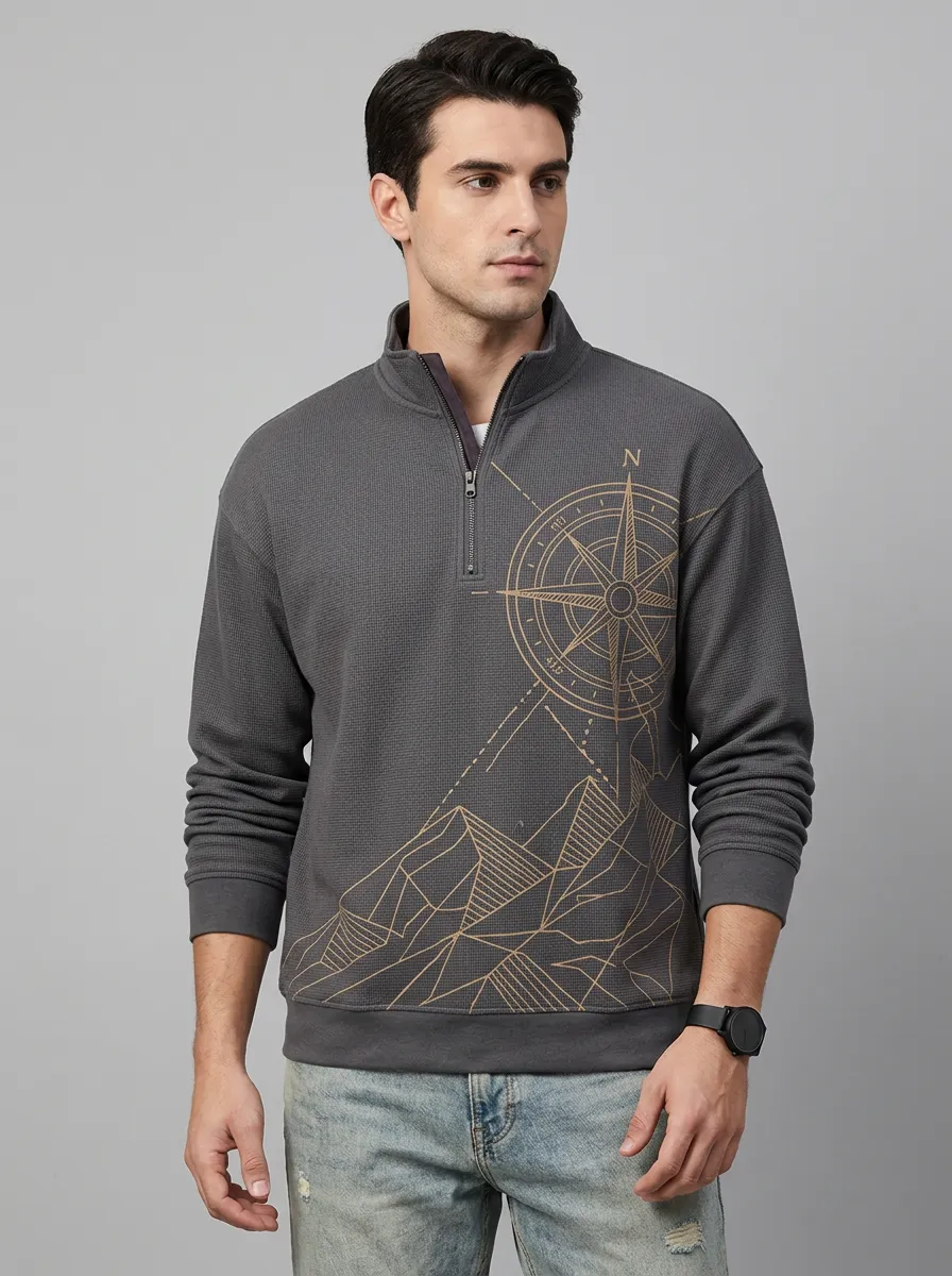 Men's Adventure Compass Mountain Graphic Quarter-Zip-Neck Sweatshirt