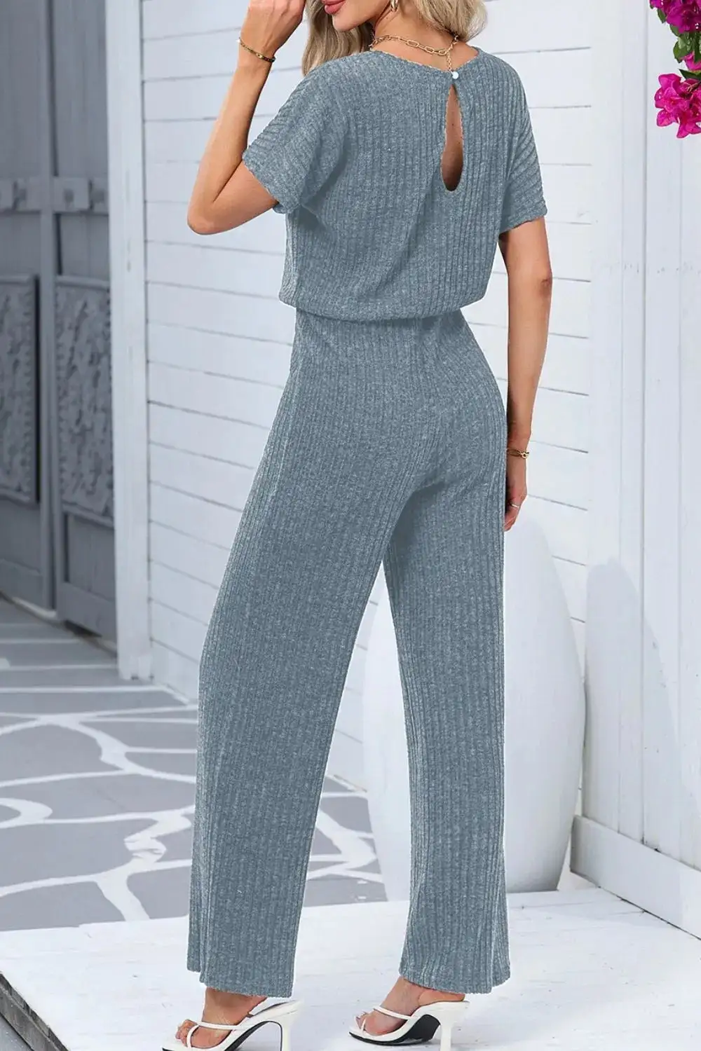 Ribbed Short Sleeve Wide Leg Jumpsuit Shorts