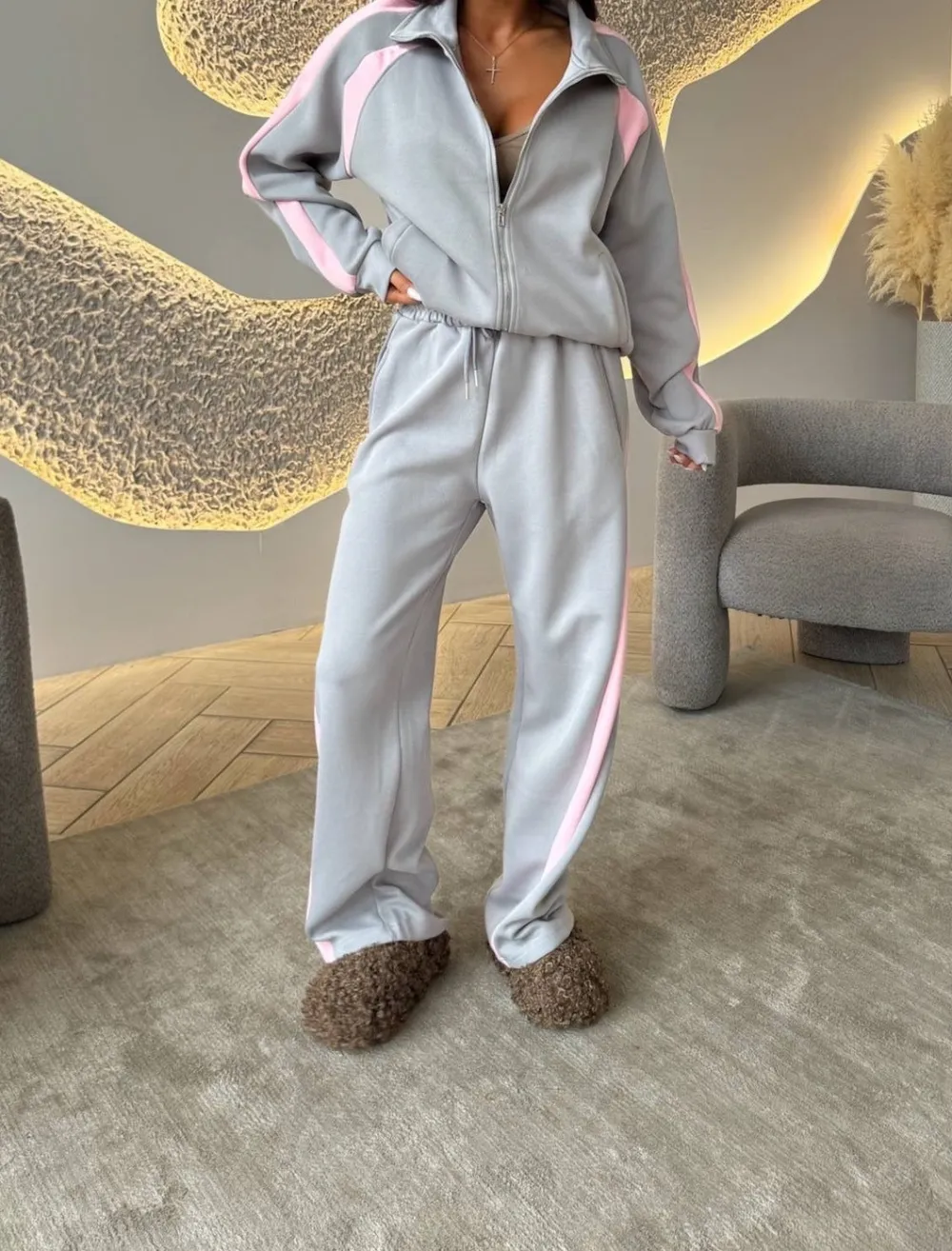Zip-Front Long-Sleeve Checked Women's Matching Set