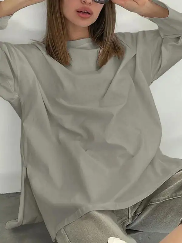 High Low Long Sleeve Panel Detail Side Slit Round Neck T-Shirt