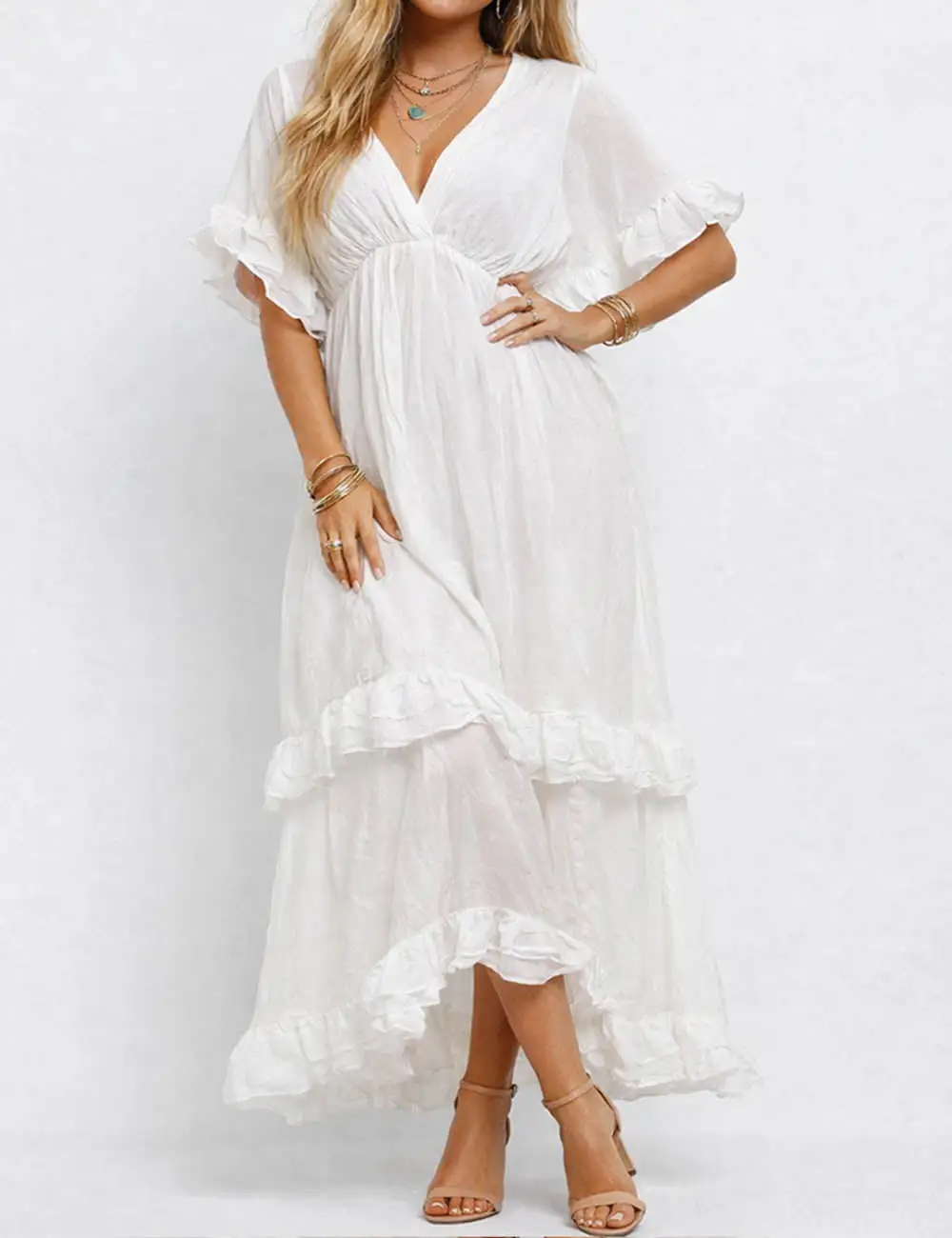 Chic V Neck Ruffle Sleeves Tiered Midi Dress