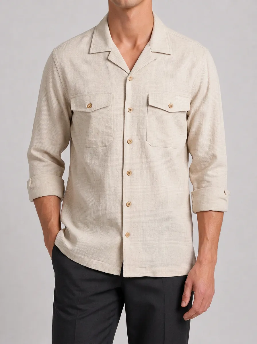 Men's Casual Beige Plaid Long Sleeve Button Down Shirt