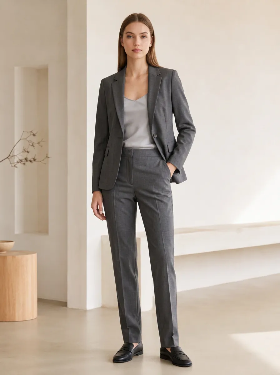 Women's Single Button Business Professional Grey Tailored Blazer Trouser Suit