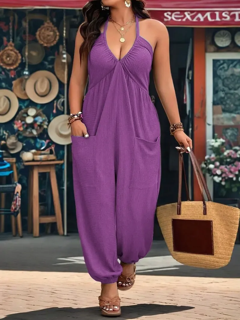 [Plus Size] Solid-Color Jumpsuit with Pockets