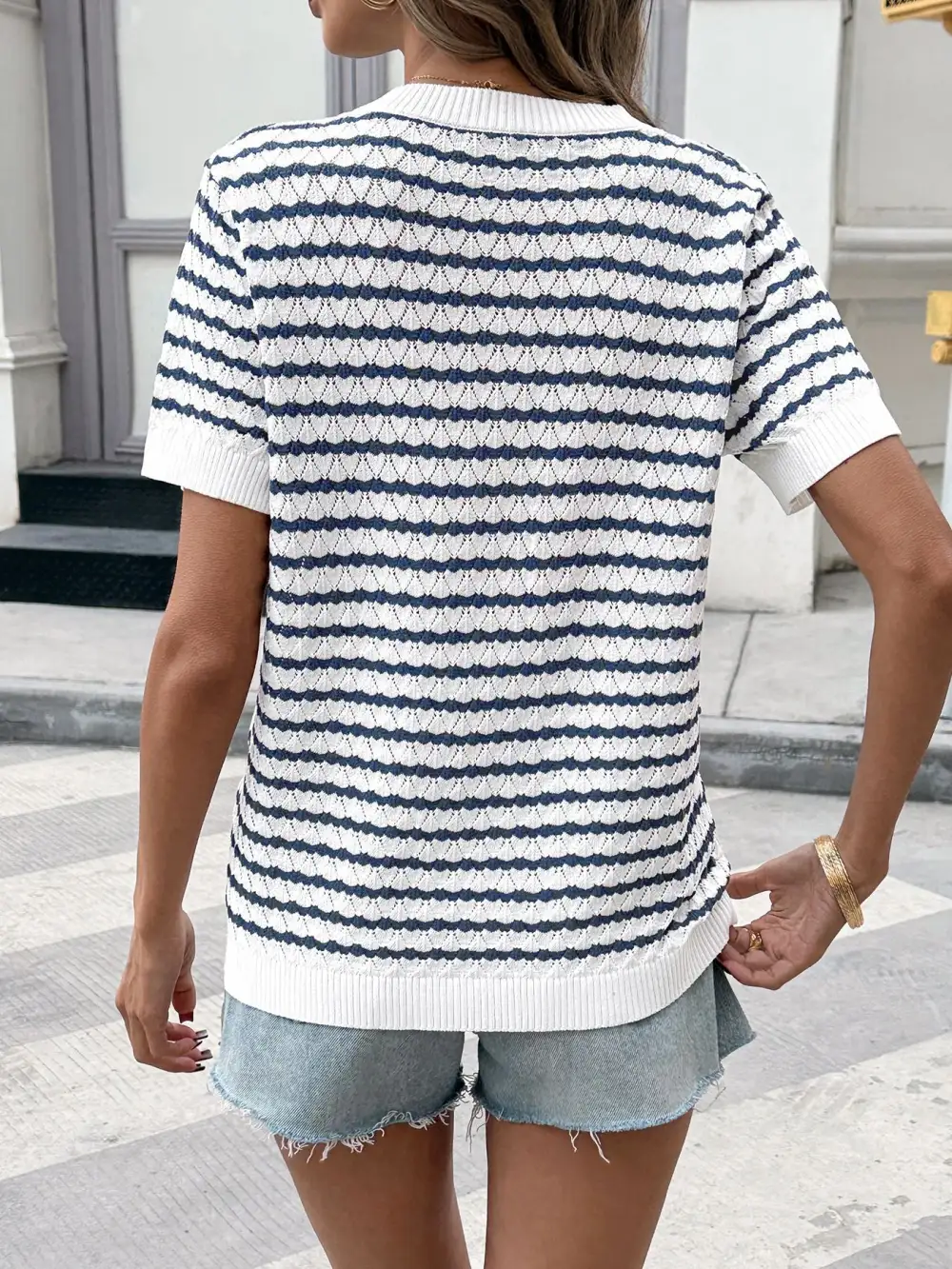 Striped Button Detail Short Sleeve Knit Top