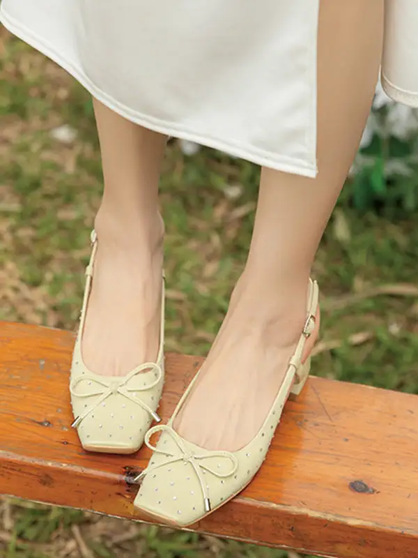 Buckle Rhinestone Panel Detail Square-Toe Slingback Heeled Sandals