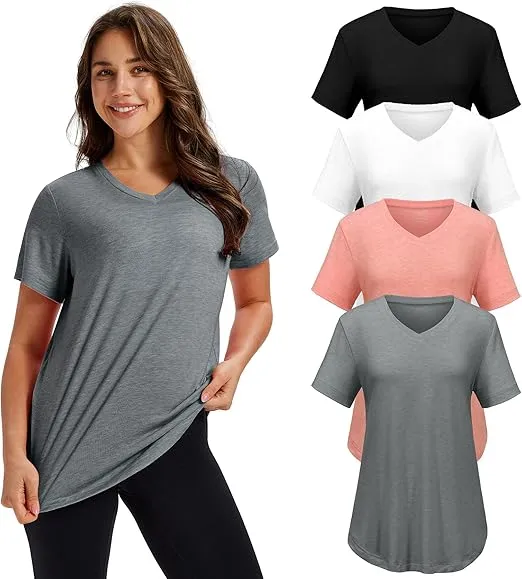 Women'S Casual V-Neck Short-Sleeve T-Shirt - Four-Piece Set
