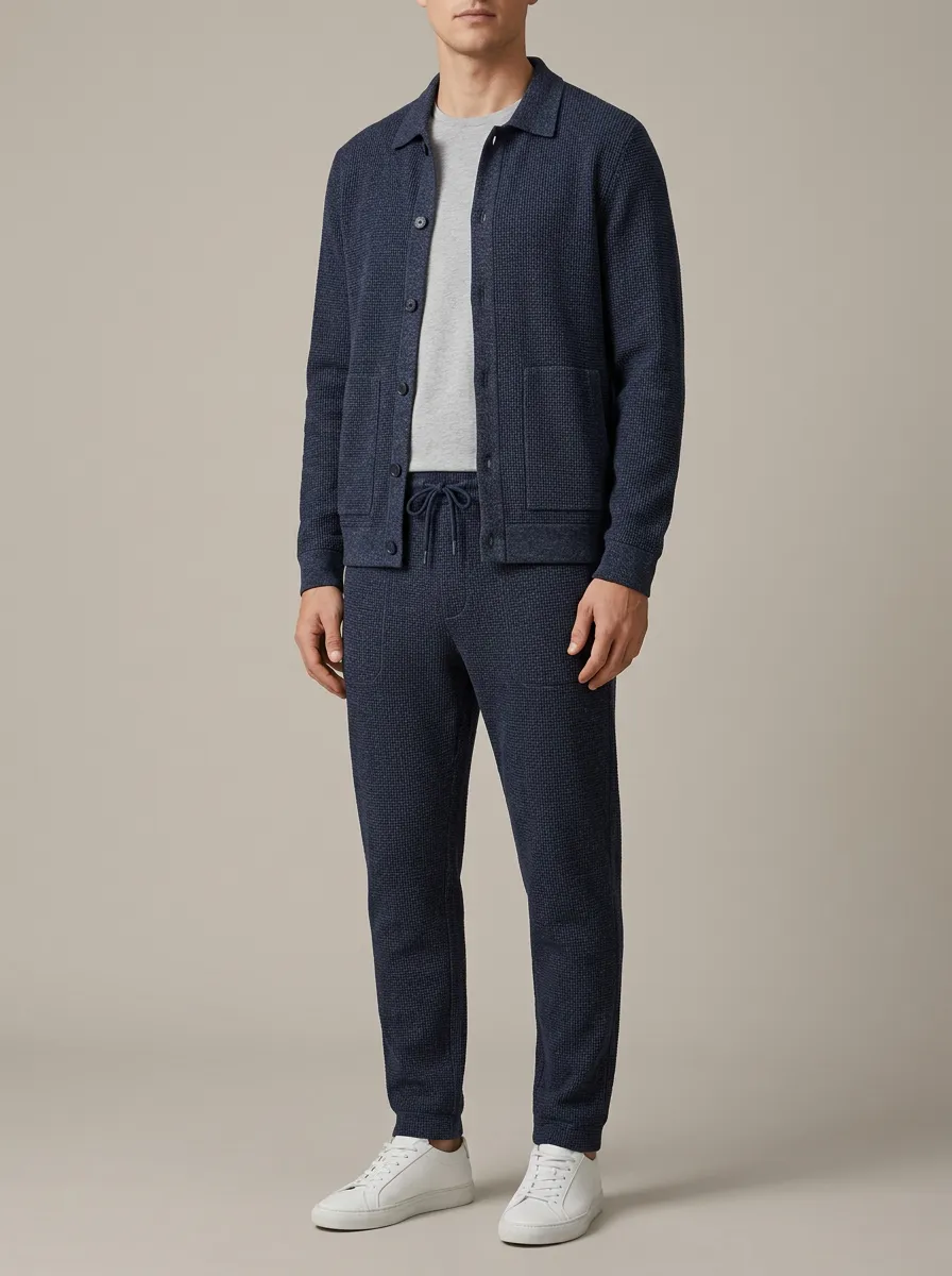 Men's Vintage Inspired Textured Polo Collar Jacket and Jogger Pants Set