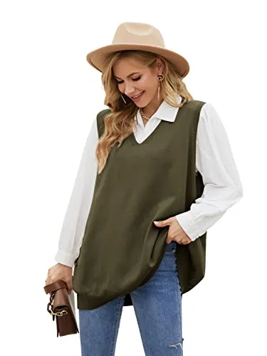 Sweater Vest Womens Knitted Oversized V Neck Sleeveless Sweater Knitwear Tank Tops with Pocket (S-3XL)