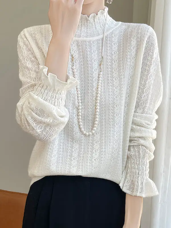 Long Sleeve Relaxed Elasticity Ruffle Trim Mock Neck T-Shirt
