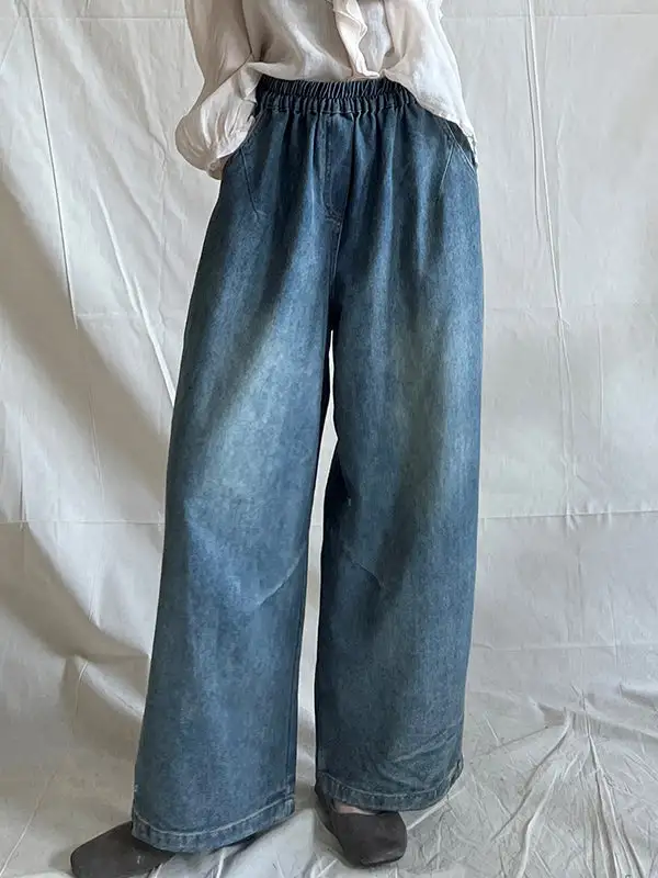Contrast Panel Relaxed Fit Wide Leg Elastic Waist Pocket Jeans