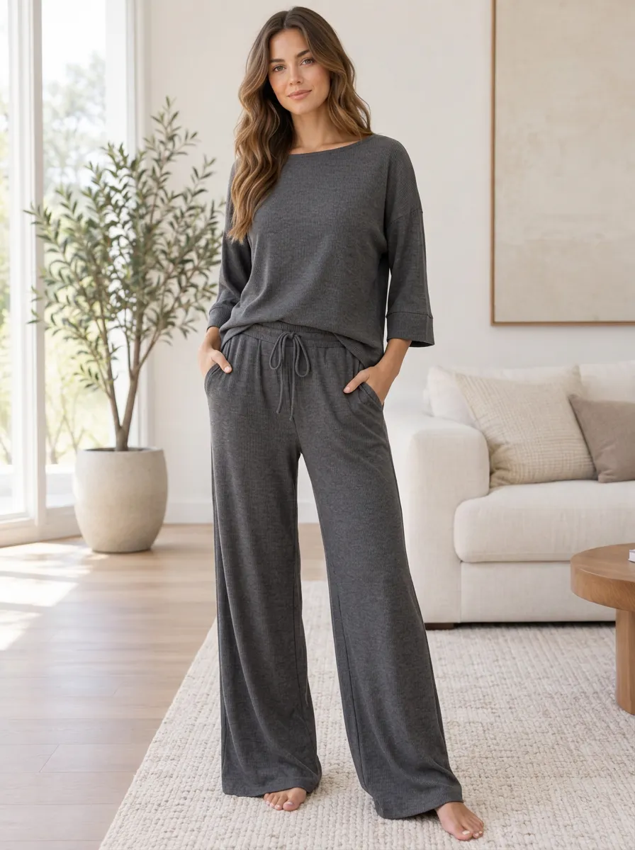 Women's Ribbed Easygoing Lounge Wide Leg Lounge Co-Ord