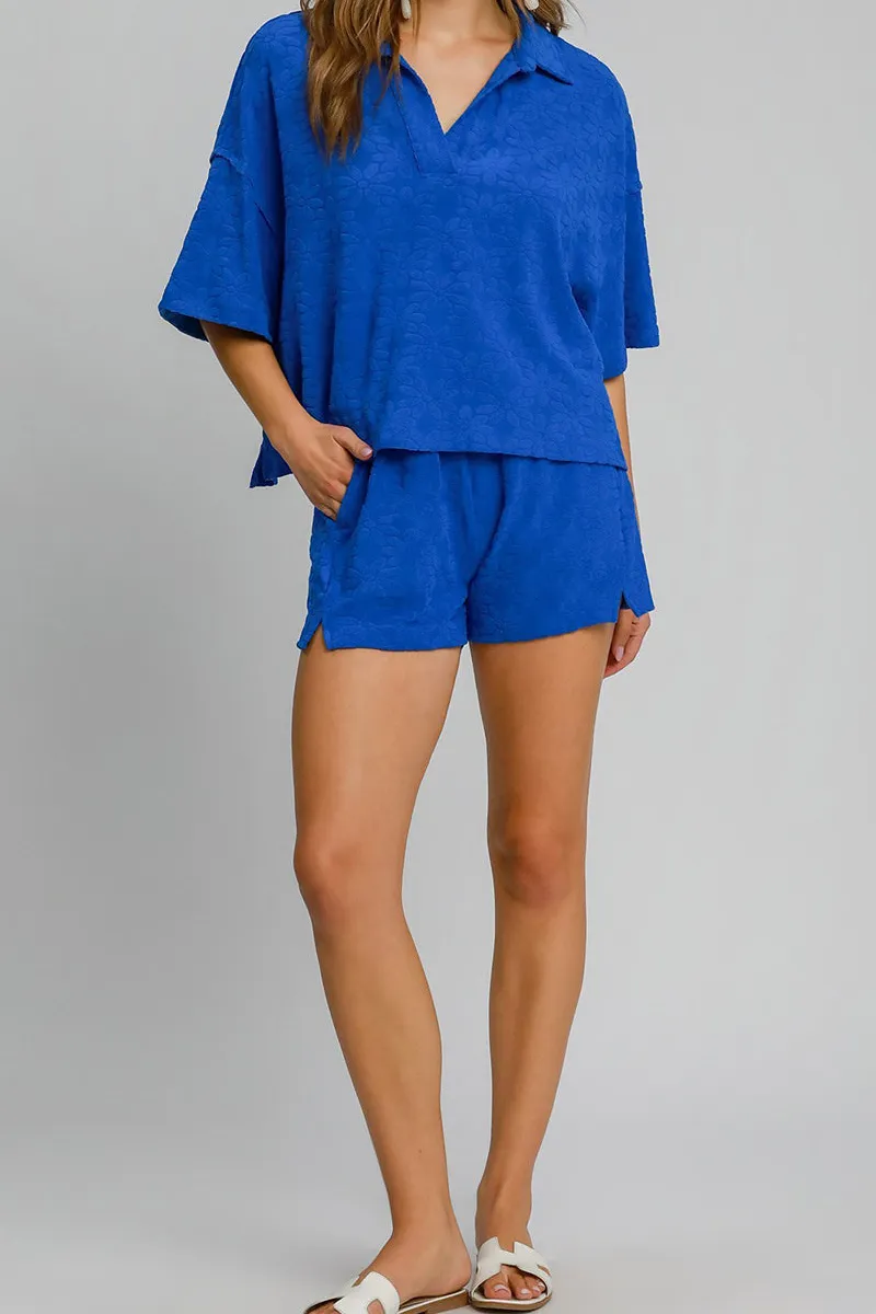 Floral Elastic Waist Jacquard Shorts with Pockets