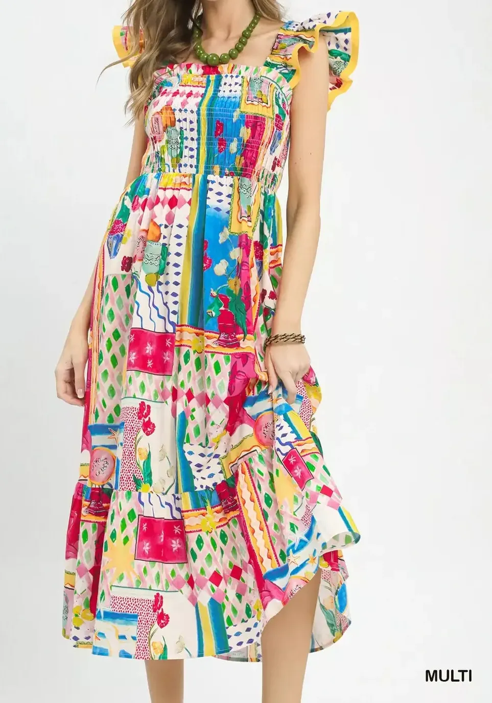 Abstract Smocked Ruffle Sleeve Tiered Midi Dress