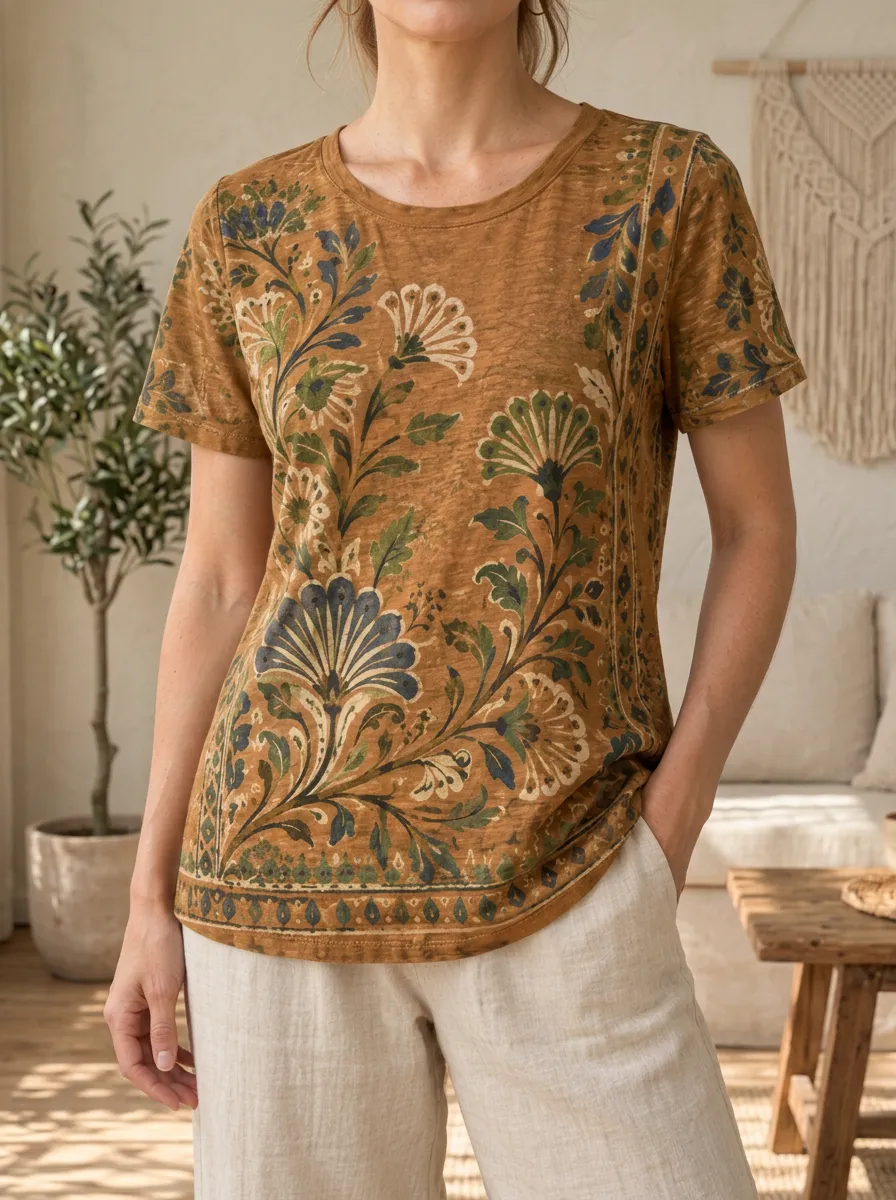 Women's Boho Floral Botanical Printed Crewneck T-shirt