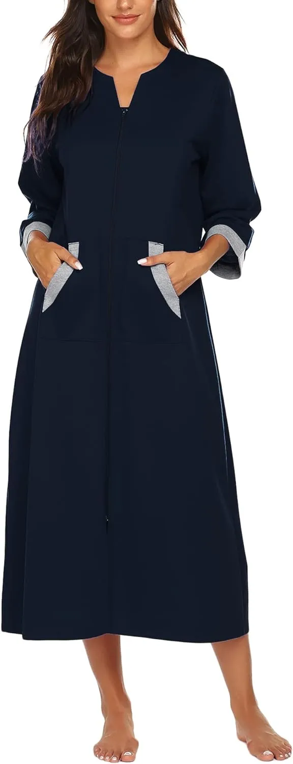 50% OFF Women Zipper Robe 3/4 Sleeves Loungewear Dress Full Length Sleepwear Pockets Housecoat Nightgown Long Bathrobe