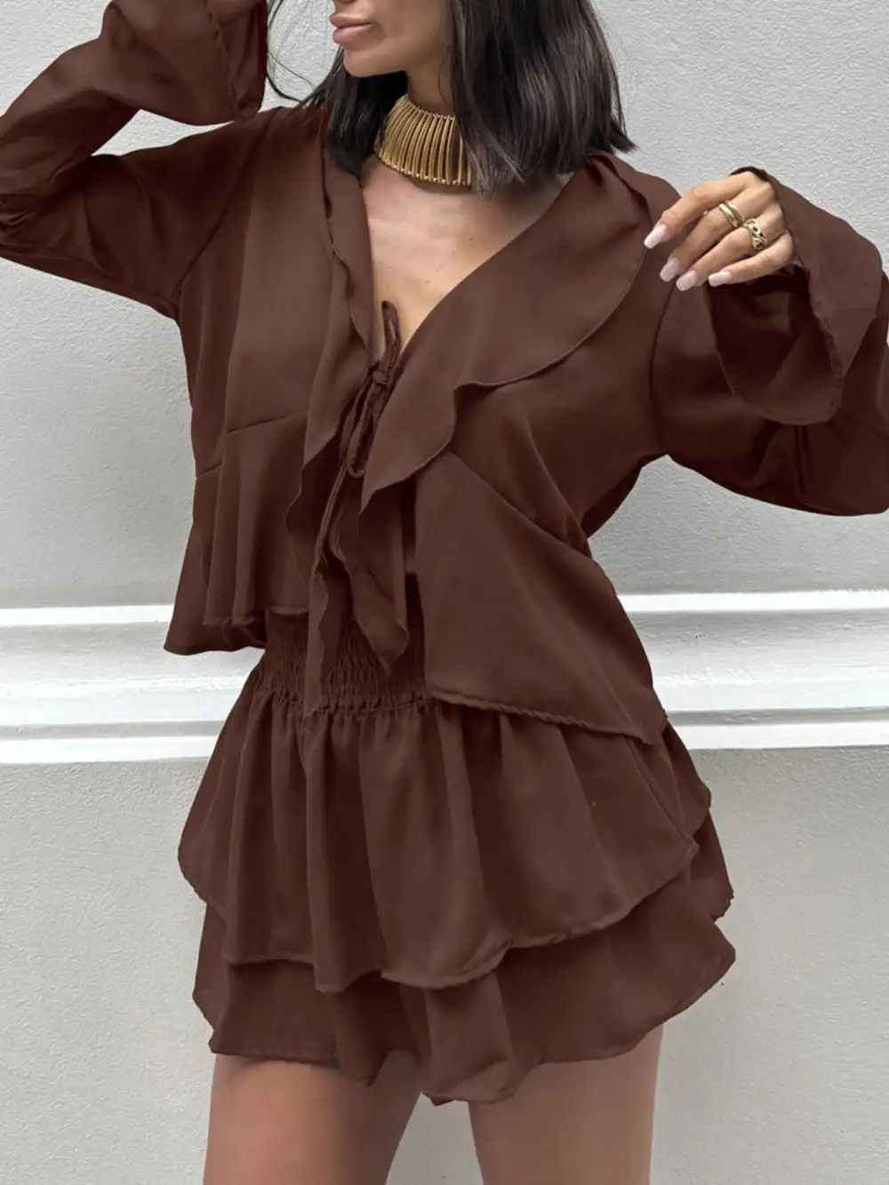 Simple Ruffle Trim Detail Coordinated Set