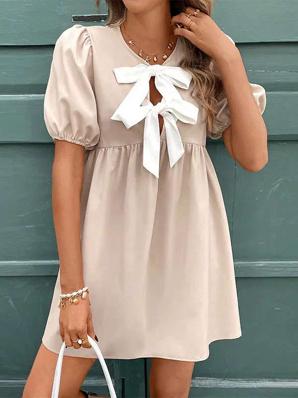 A Line Relaxed Bowknot Elasticity Pleated Round Neck Mini Dress